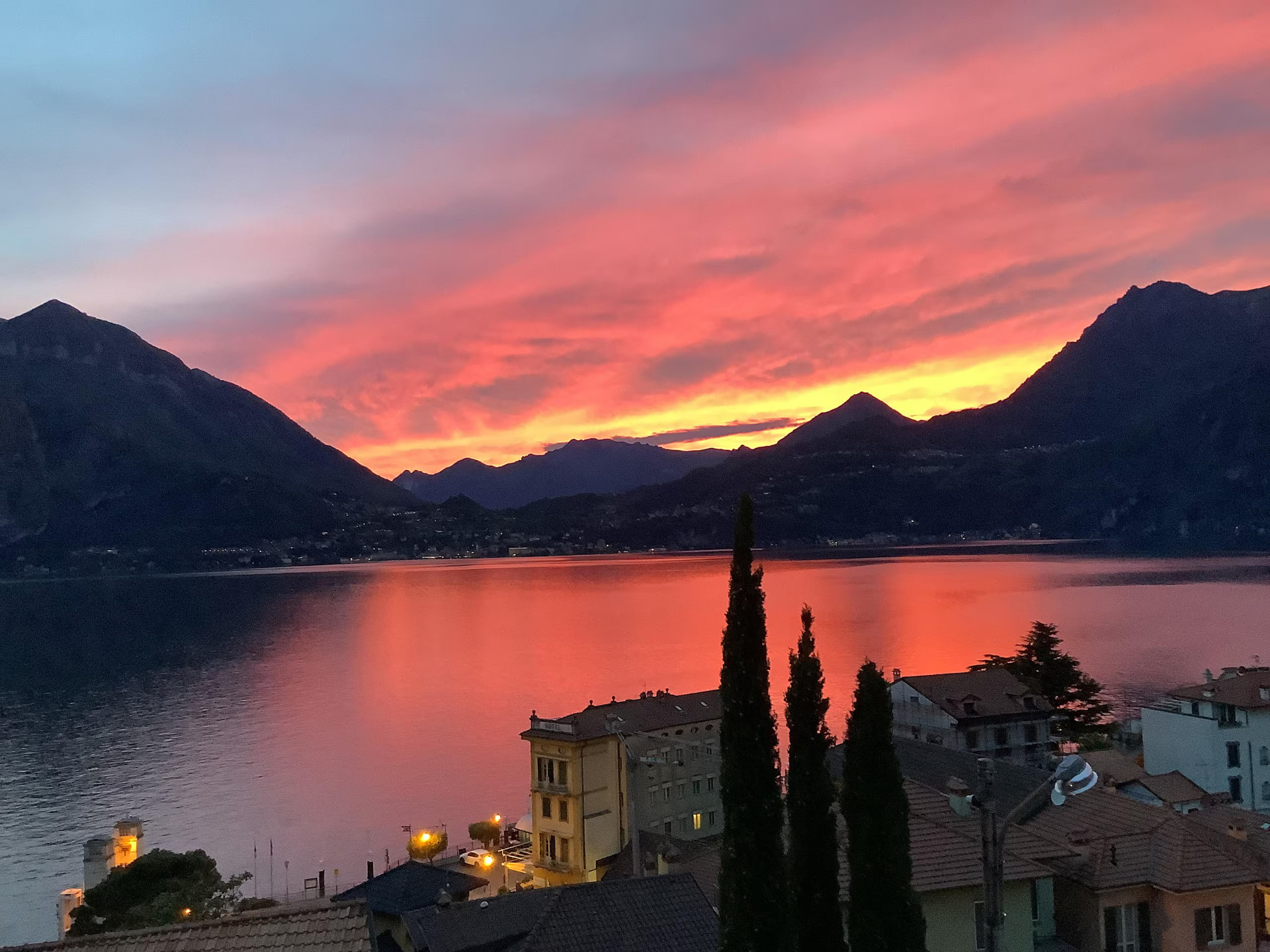 Red sunset over Lake Como above Varenna